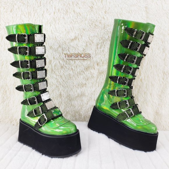 Demonia Shoes | Lime Green Hologram Cyber Punk Platform Knee Boots | Color: Green | Size: 10 | Twfshoes's Closet